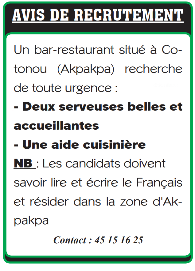 Recrutement de 02 Serveuses et 01 Aide cuisinière